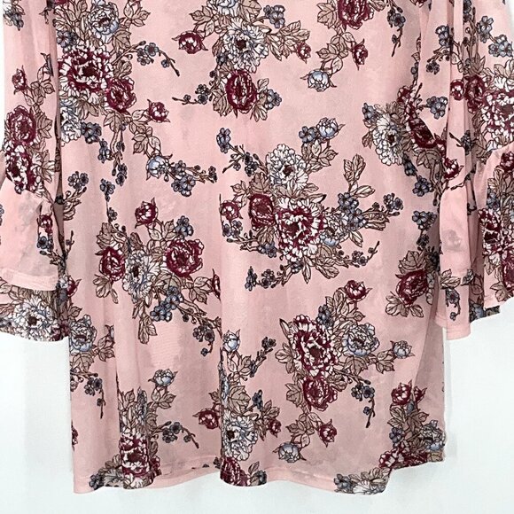 No Boundaries Top Women XL‎ Floral Pink Mesh Semi Sheer 3/4 Sleeve Ruffle - Picture 9 of 15